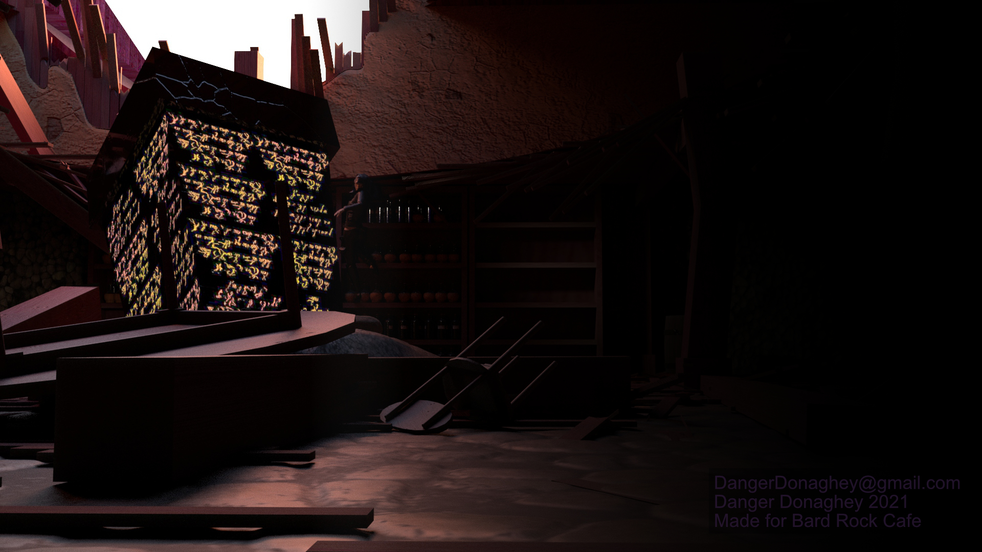 The fallen obelisk with the tavern ruins in the background, half black for promotional and informational usage.