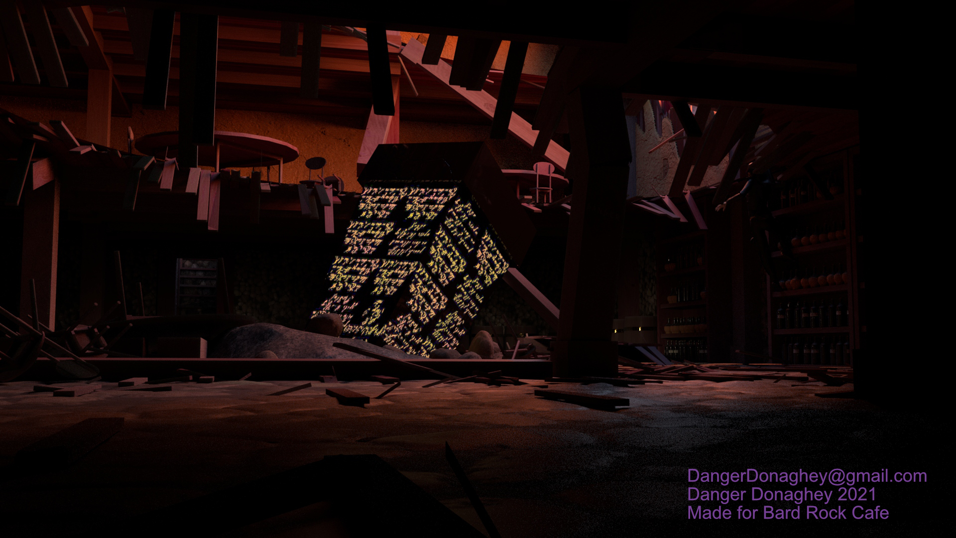 The tavern lies in ruins with the fallen celestial obelisk nestled in the destruction.