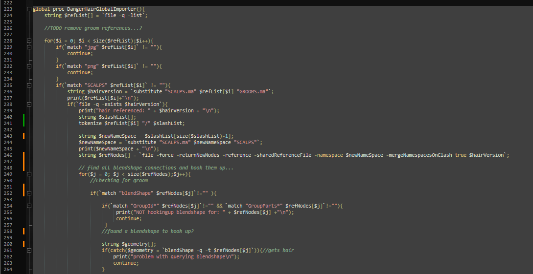 A snippet of the MEL code for importing potential grooms for their scalps. Tip: MEL works well with C# language highlighting for easy reading.