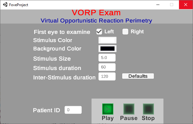 The control window allows the operator to configure the test before it runs.